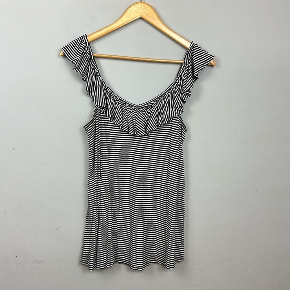 Torrid Tank Top Super Soft V Neck Ruffle Black White Striped Sz 14 - Picture 6 of 10